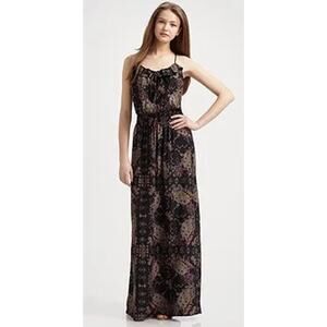 Parker Black Floral Faux Cross Stitch Silk Racerback Blouson Maxi Dress, Small